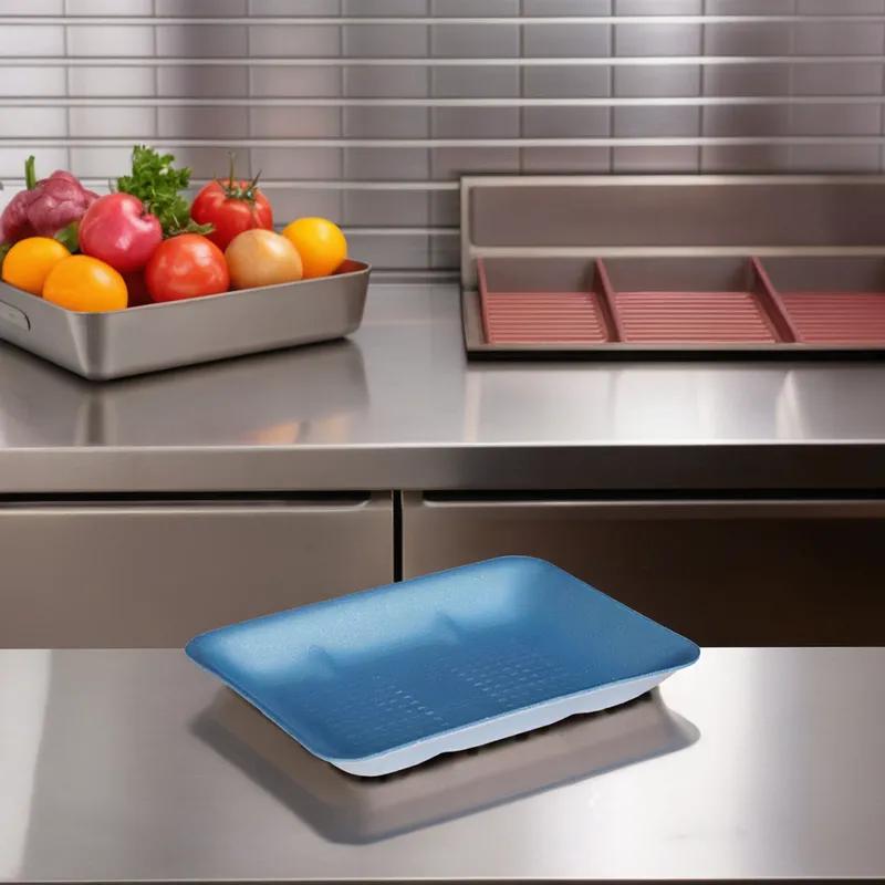 8 Meat Tray 10.5X8.25 IN Polystyrene Foam Blue Check Rectangle Heavy 300/Case