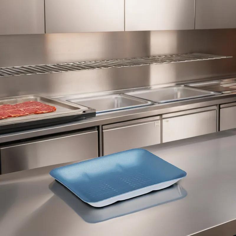 8 Meat Tray 10.5X8.25 IN Polystyrene Foam Blue Check Rectangle Heavy 300/Case