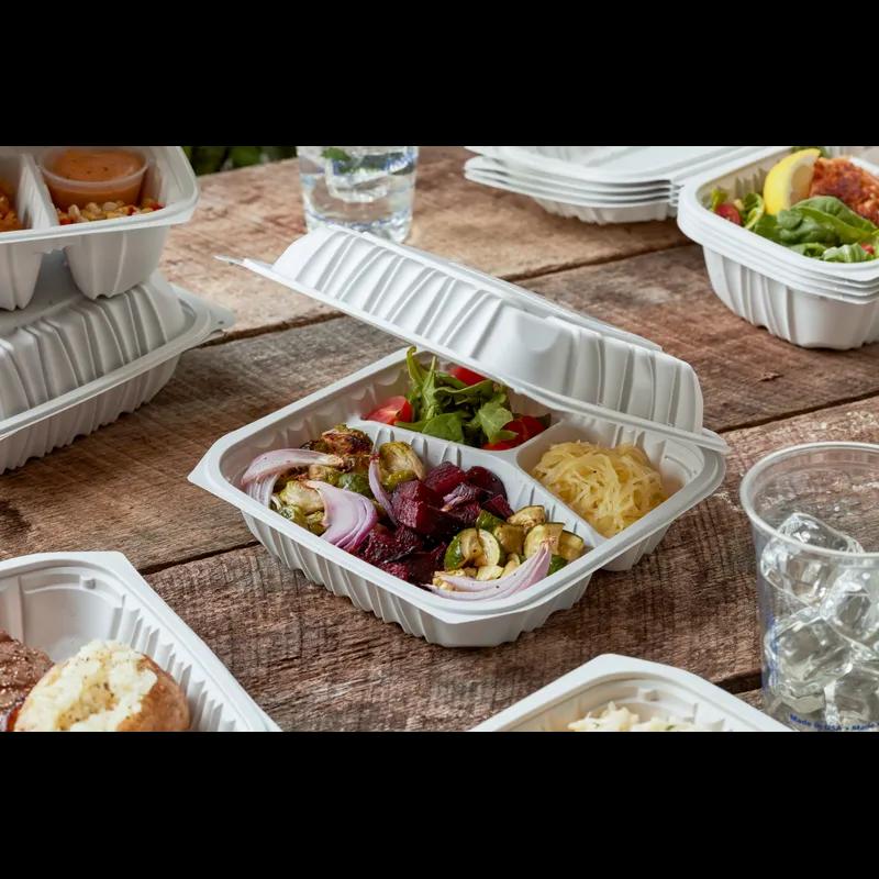 Take-Out Container Hinged 8.4X8.7X3.1 IN 3 Compartment MFPP White Square Vented 146/Case