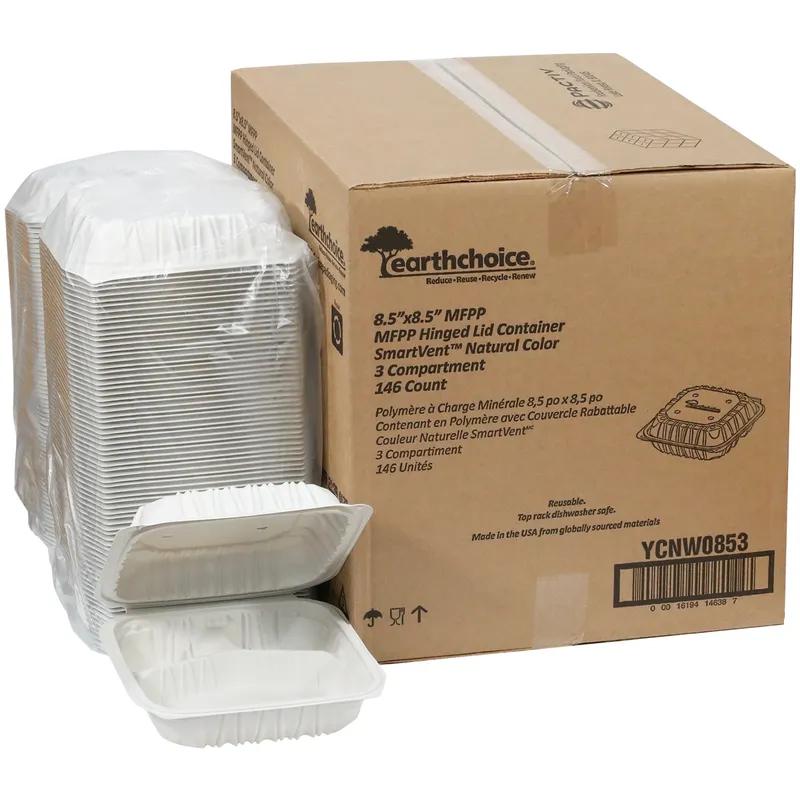 Take-Out Container Hinged 8.4X8.7X3.1 IN 3 Compartment MFPP White Square Vented 146/Case