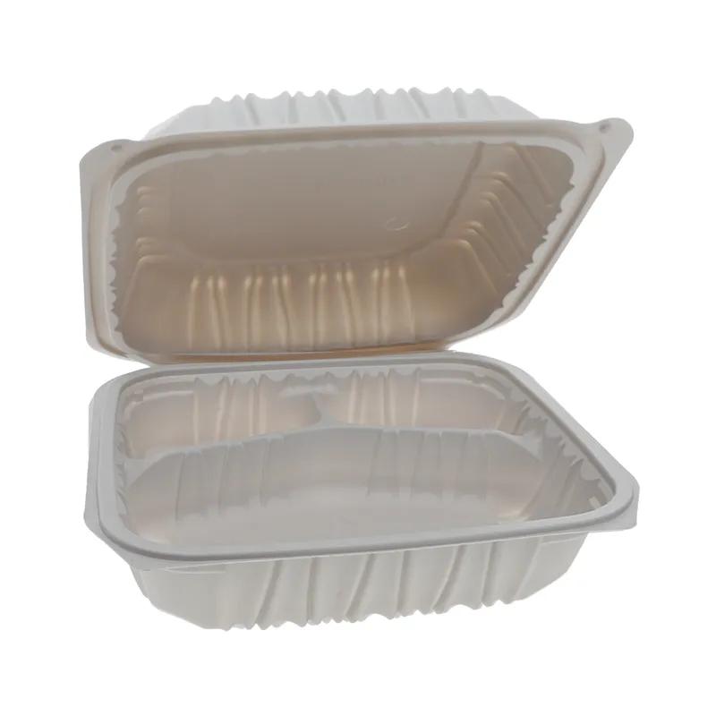 Take-Out Container Hinged 8.4X8.7X3.1 IN 3 Compartment MFPP White Square Vented 146/Case