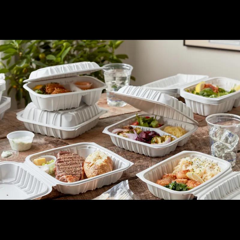 Take-Out Container Hinged 8.4X8.7X3.1 IN 3 Compartment MFPP White Square Vented 146/Case