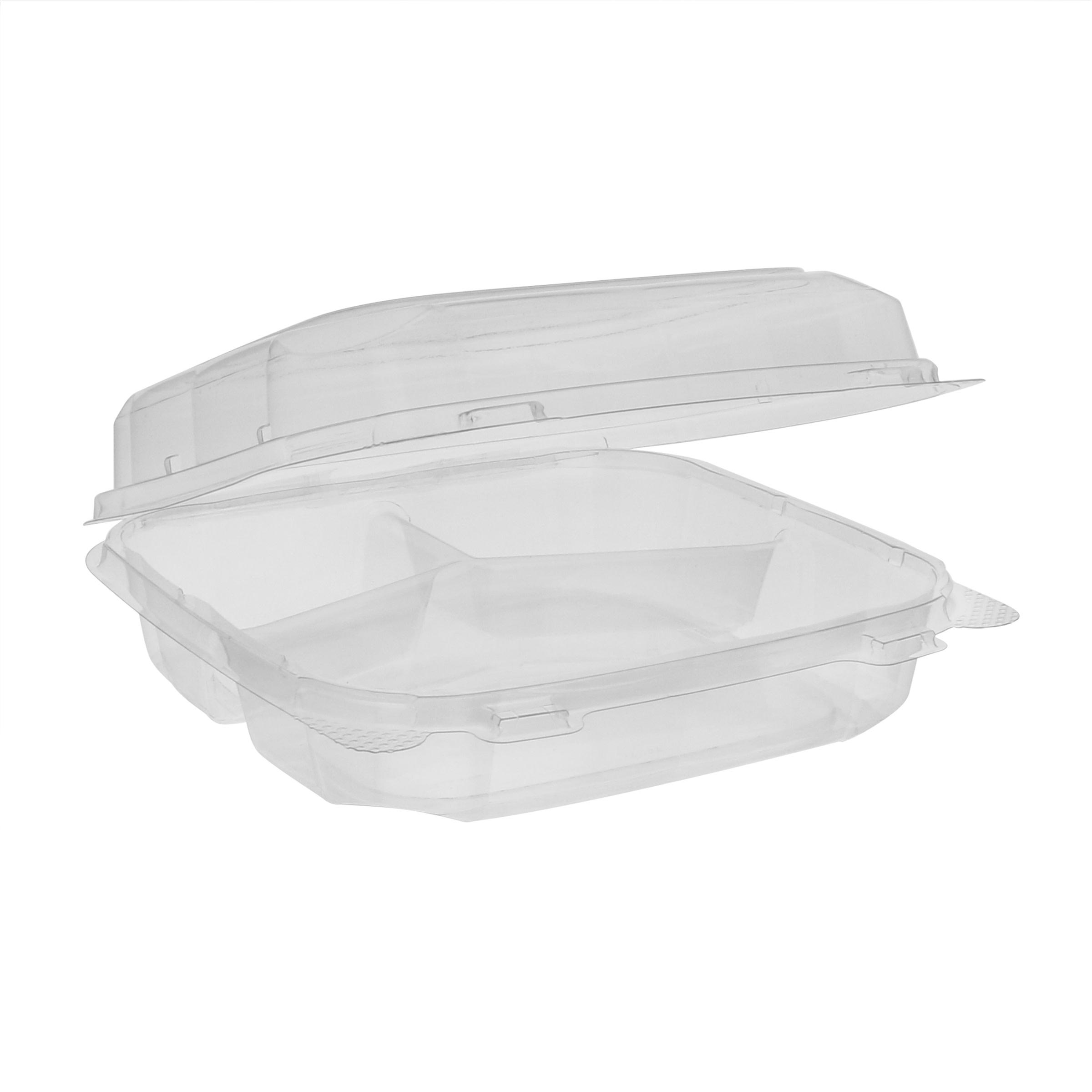 Take-Out Container Hinged With Dome Lid 8.34X8.32X2.84 IN 3 Compartment RPET Clear Square 200/Case