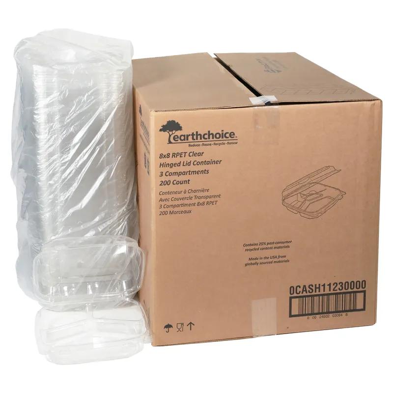 Take-Out Container Hinged With Dome Lid 8.34X8.32X2.84 IN 3 Compartment RPET Clear Square 200/Case