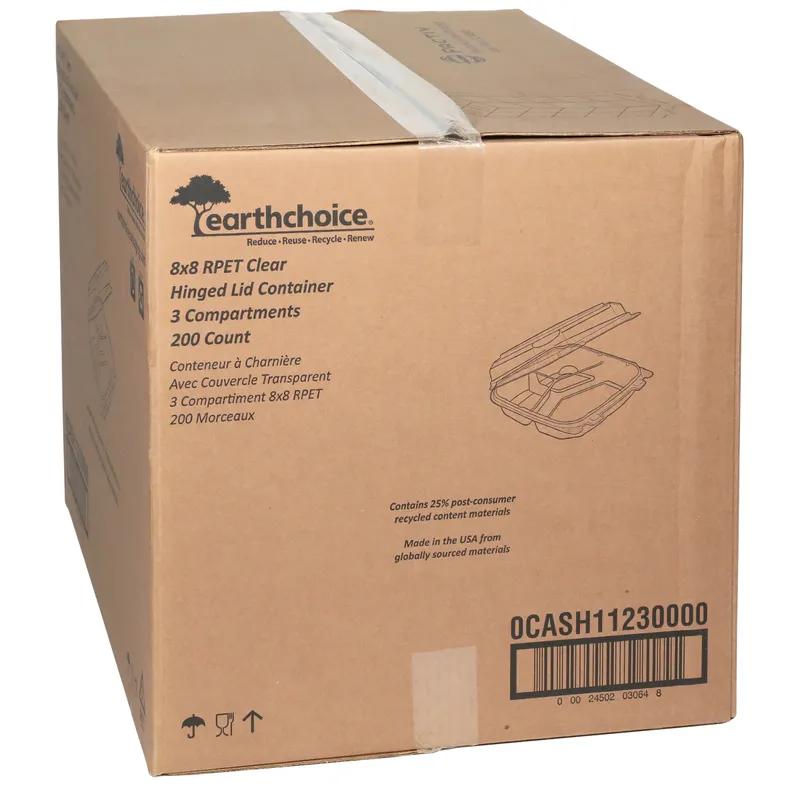 Take-Out Container Hinged With Dome Lid 8.34X8.32X2.84 IN 3 Compartment RPET Clear Square 200/Case