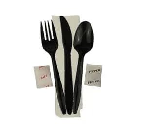 7PC Cutlery Kit PS Black Heavy Duty With 13X17 Napkin,Fork,Knife,Salt & Pepper,Spoon,Moist Towelette 250/Case