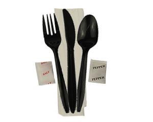 7PC Cutlery Kit PS Black Heavy Duty With 13X17 Napkin,Fork,Knife,Salt & Pepper,Spoon,Moist Towelette 250/Case