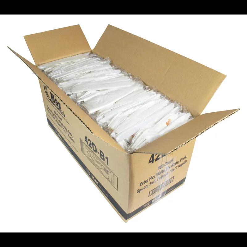 6PC Cutlery Kit PS White Extra Heavy Duty With 1PLY 13X17 Napkin,Fork,Knife,Salt & Pepper,Teaspoon 250/Case