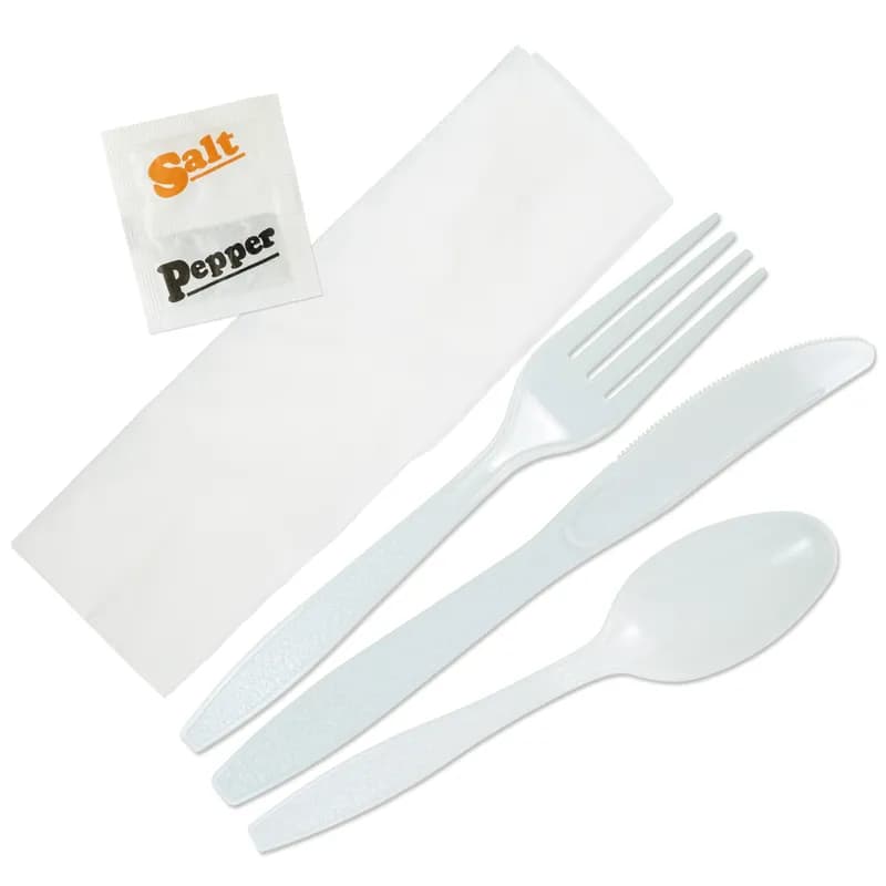 6PC Cutlery Kit PS White Extra Heavy Duty With 1PLY 13X17 Napkin,Fork,Knife,Salt & Pepper,Teaspoon 250/Case