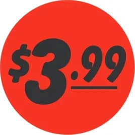 3.99 Price Label 1.25 IN Black Fluorescent Red Circle 1000 Count/Roll 50 Rolls/Case 50000 Count/Case