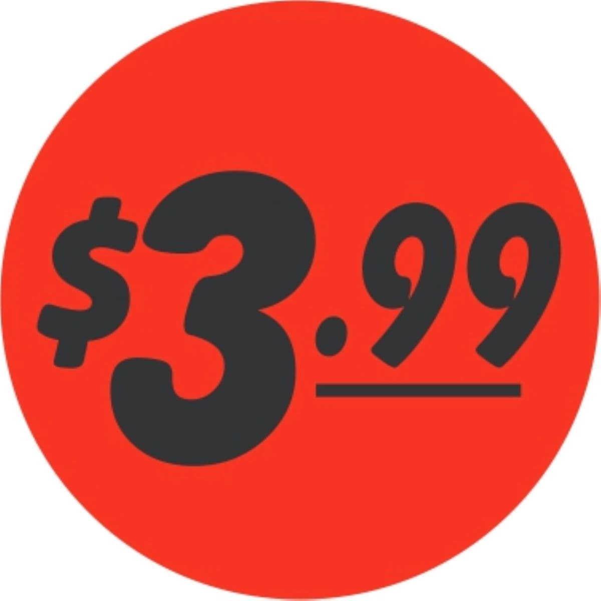 3.99 Price Label 1.25 IN Black Fluorescent Red Circle 1000 Count/Roll 50 Rolls/Case 50000 Count/Case