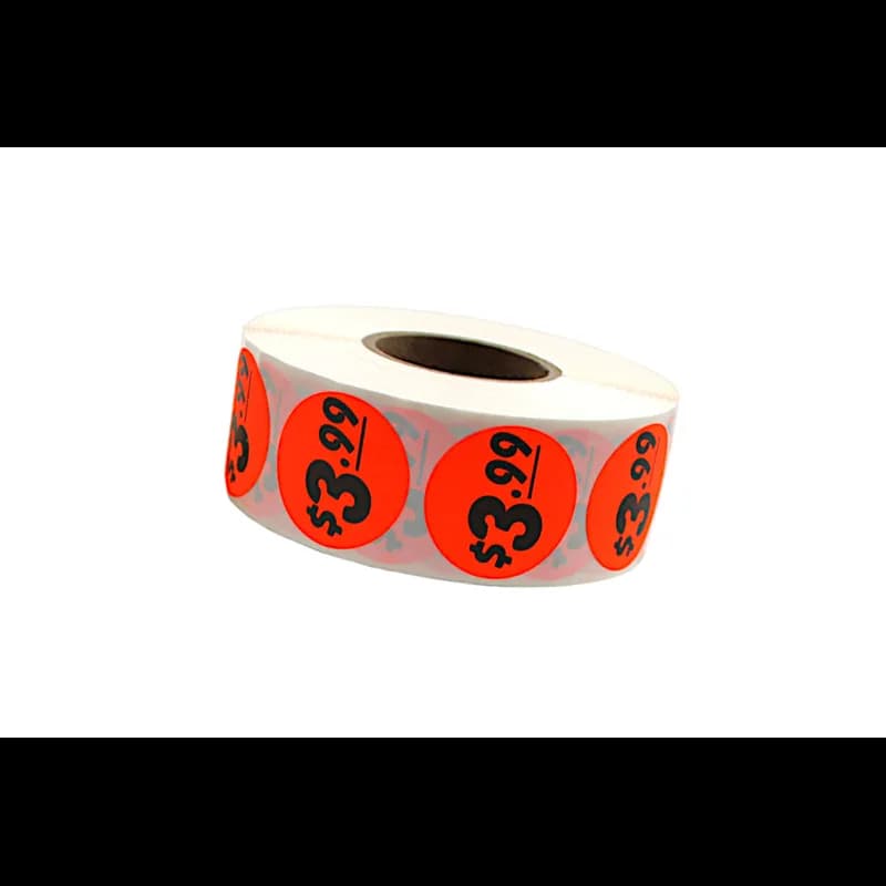 3.99 Price Label 1.25 IN Black Fluorescent Red Circle 1000 Count/Roll 50 Rolls/Case 50000 Count/Case