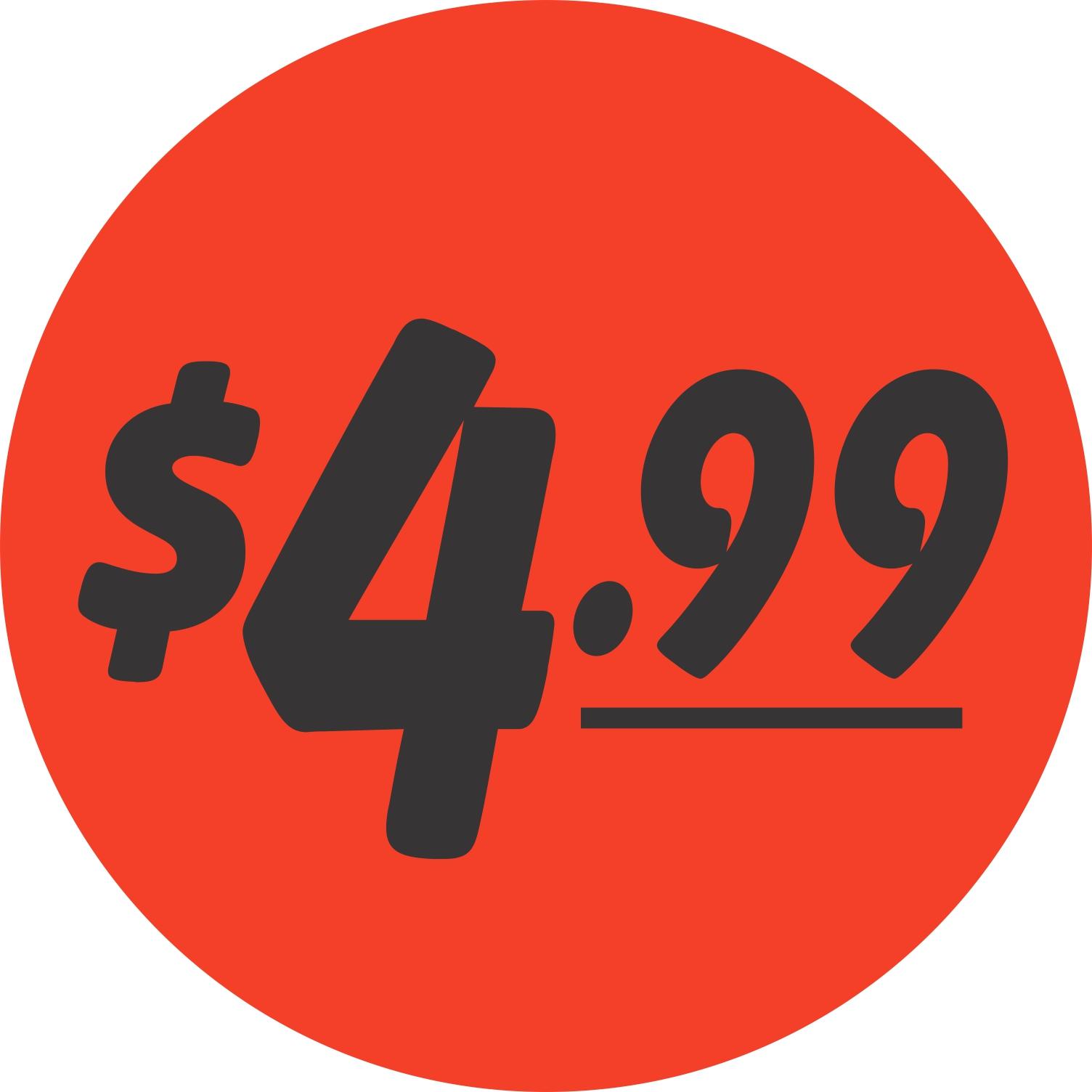 4.99 Price Label 1.25 IN Black Fluorescent Red Circle 1000 Count/Roll 50 Rolls/Case 50000 Count/Case