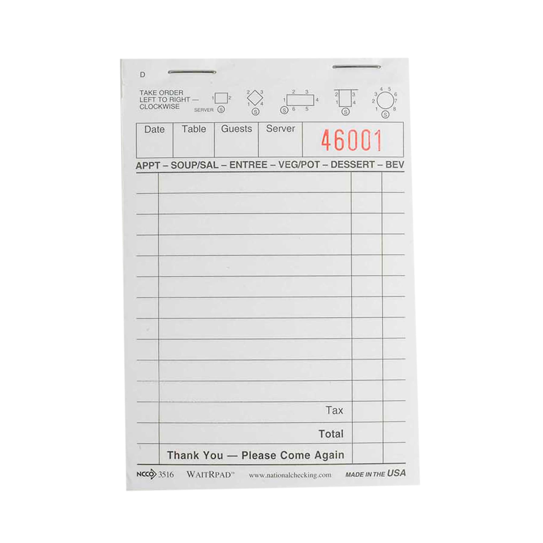 Guest Check 3.5X5.75 IN White 1-Part Small Single Copy Paper 100 Sheets/Pack 100 Packs/Case 10000 Count/Case