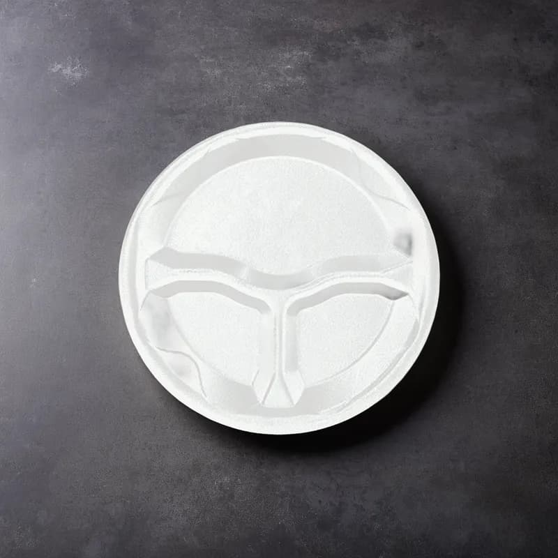 Plate 8.75 IN 3 Compartment Polystyrene Foam White Round 500/Case
