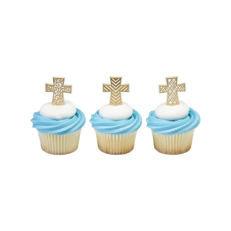 Cake & Cupcake Topper Pick 3X1.4X0.1 IN Gold Cross 144/Each