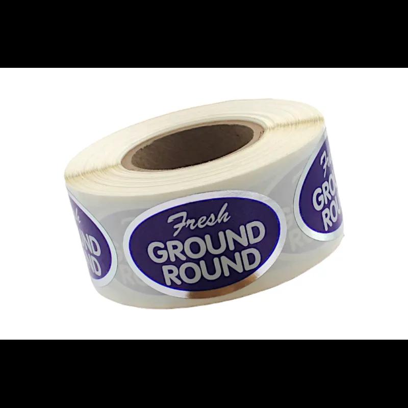 Fresh Ground Round Meat Label 1.25X2 IN Silver Blue White Oval 500 Count/Roll 20 Rolls/Case 10000 Count/Case