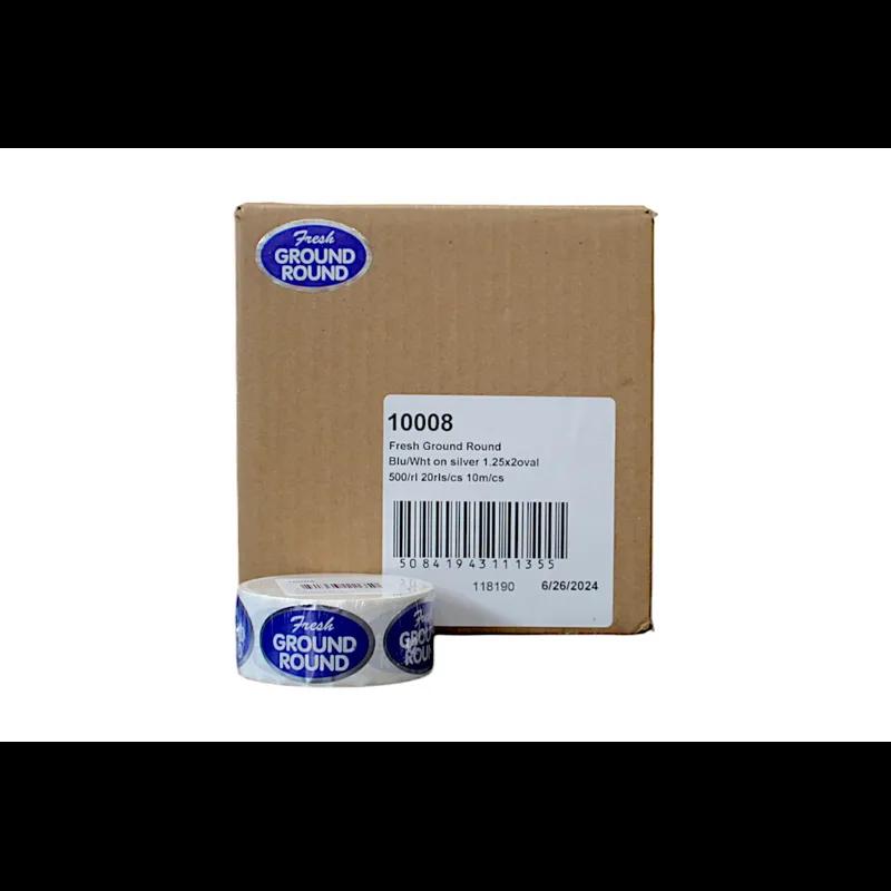 Fresh Ground Round Meat Label 1.25X2 IN Silver Blue White Oval 500 Count/Roll 20 Rolls/Case 10000 Count/Case
