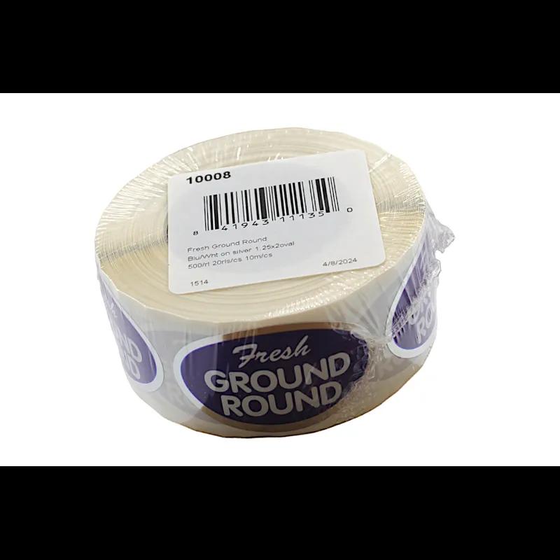 Fresh Ground Round Meat Label 1.25X2 IN Silver Blue White Oval 500 Count/Roll 20 Rolls/Case 10000 Count/Case