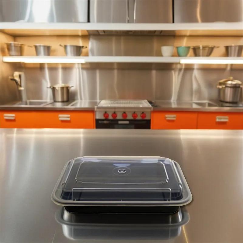 Thermosource Tooling Take-Out Container Base & Lid Combo 24 OZ PP PET Black Clear Rectangle 200/Case