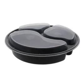 Take-Out Container Base & Lid Combo With Dome Lid 39 OZ 3 Compartment PP Black Clear Round 150/Case
