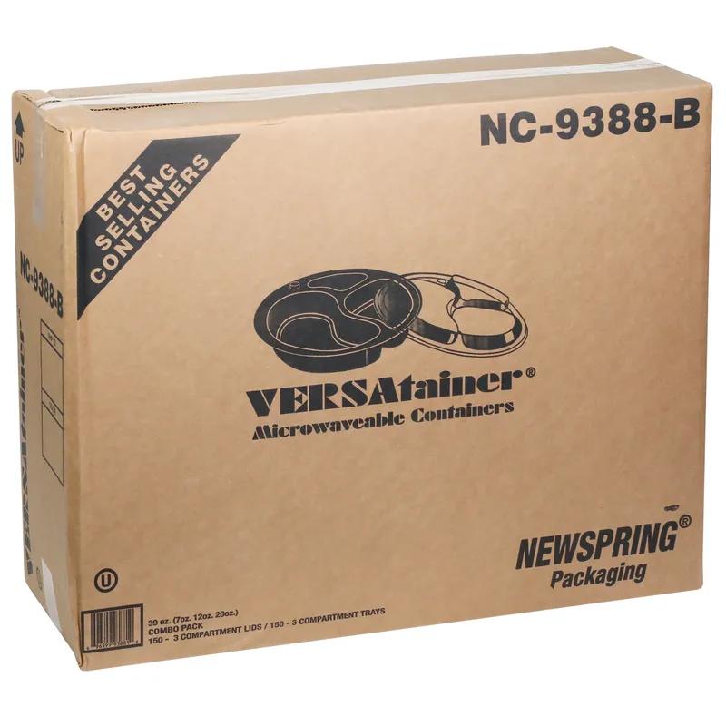 Take-Out Container Base & Lid Combo With Dome Lid 39 OZ 3 Compartment PP Black Clear Round 150/Case