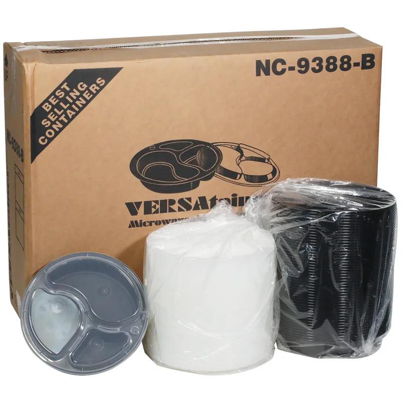 Take-Out Container Base & Lid Combo With Dome Lid 39 OZ 3 Compartment PP Black Clear Round 150/Case