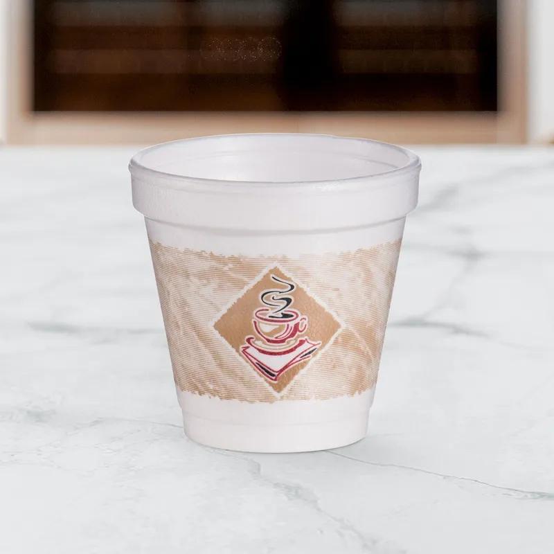 Dart® ThermoGlaze® Cup 4 OZ EPS Multicolor Café G Stock Print Leak Resistant 50 Count/Bag 20 Bags/Case 1000 Count/Case