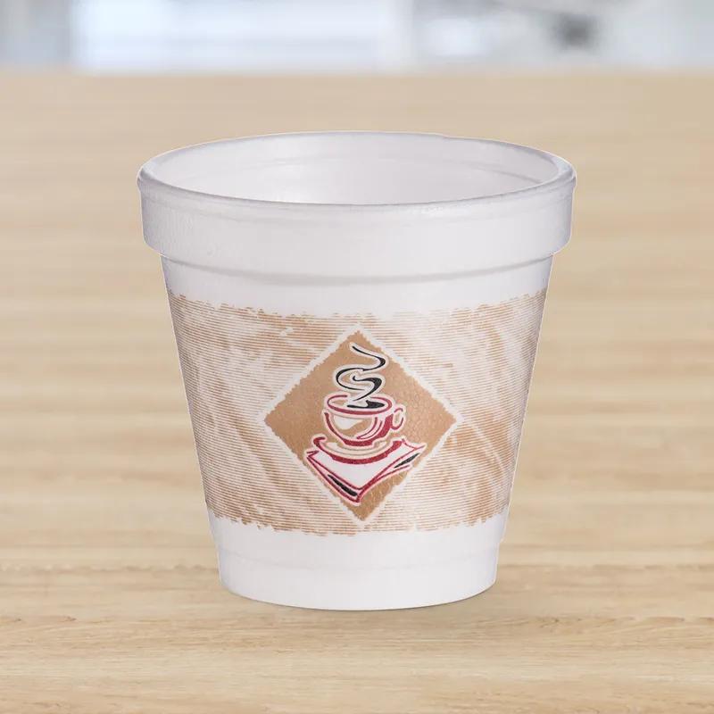 Dart® ThermoGlaze® Cup 4 OZ EPS Multicolor Café G Stock Print Leak Resistant 50 Count/Bag 20 Bags/Case 1000 Count/Case