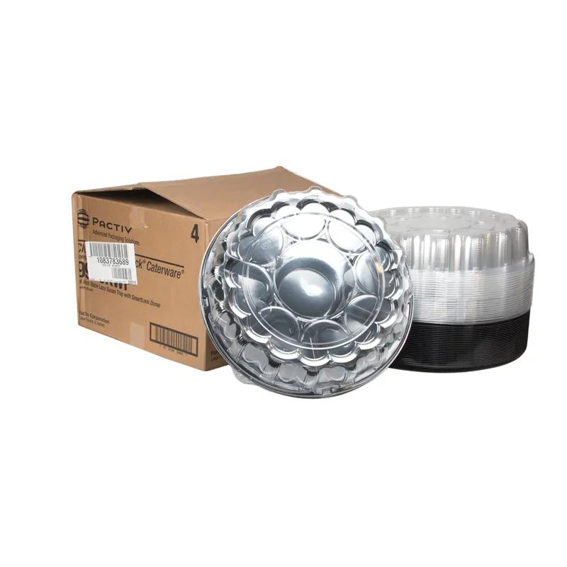 Caterware® Serving Tray Base & Lid Combo With Dome Lid 16X3.5 IN 6 Compartment HIPS OPS Black Clear Round 25/Case