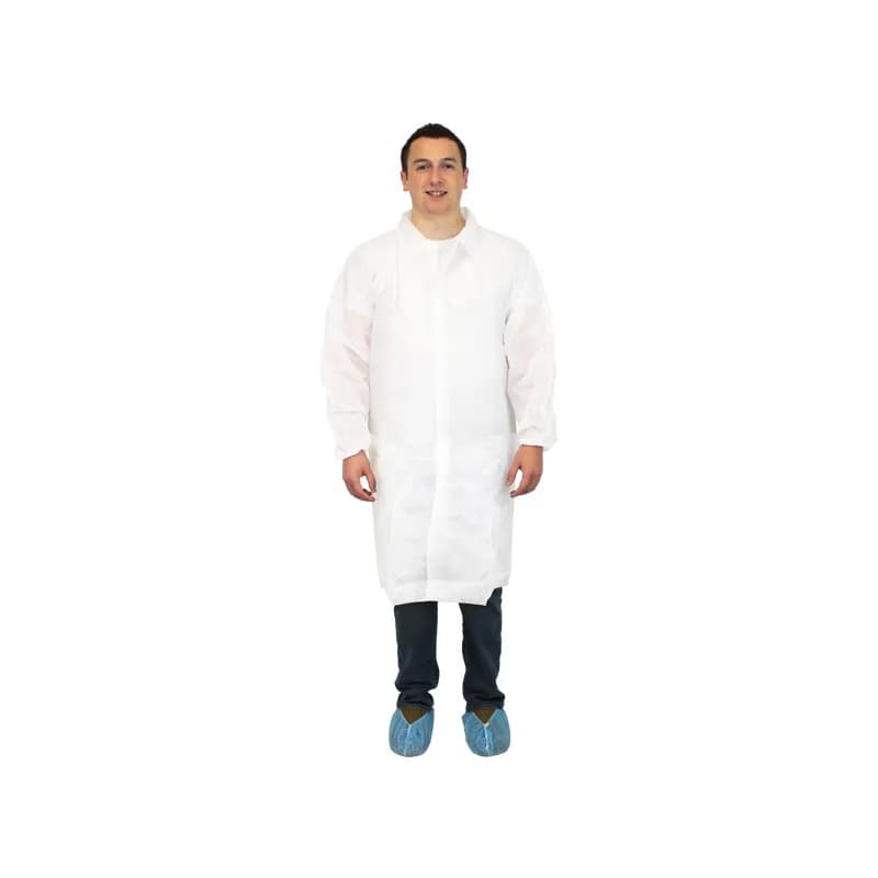 Lab Coat Small (SM) White Spunbond Polypropylene Disposable No Pockets Elastic Wrists 30/Case