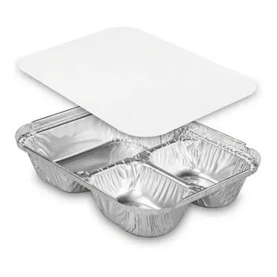 Take-Out Container Base & Lid Combo With Plastic Lid 8X6.5 3 Compartment Aluminum Foil-Lined Paper Oblong 250/Case