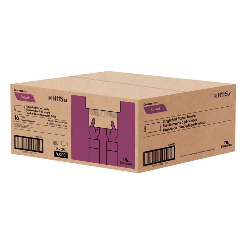 Cascades PRO Folded Paper Towel 9.125X10.25 IN Kraft Single Fold 250 Sheets/Pack 16 Packs/Case 4000 Sheets/Case