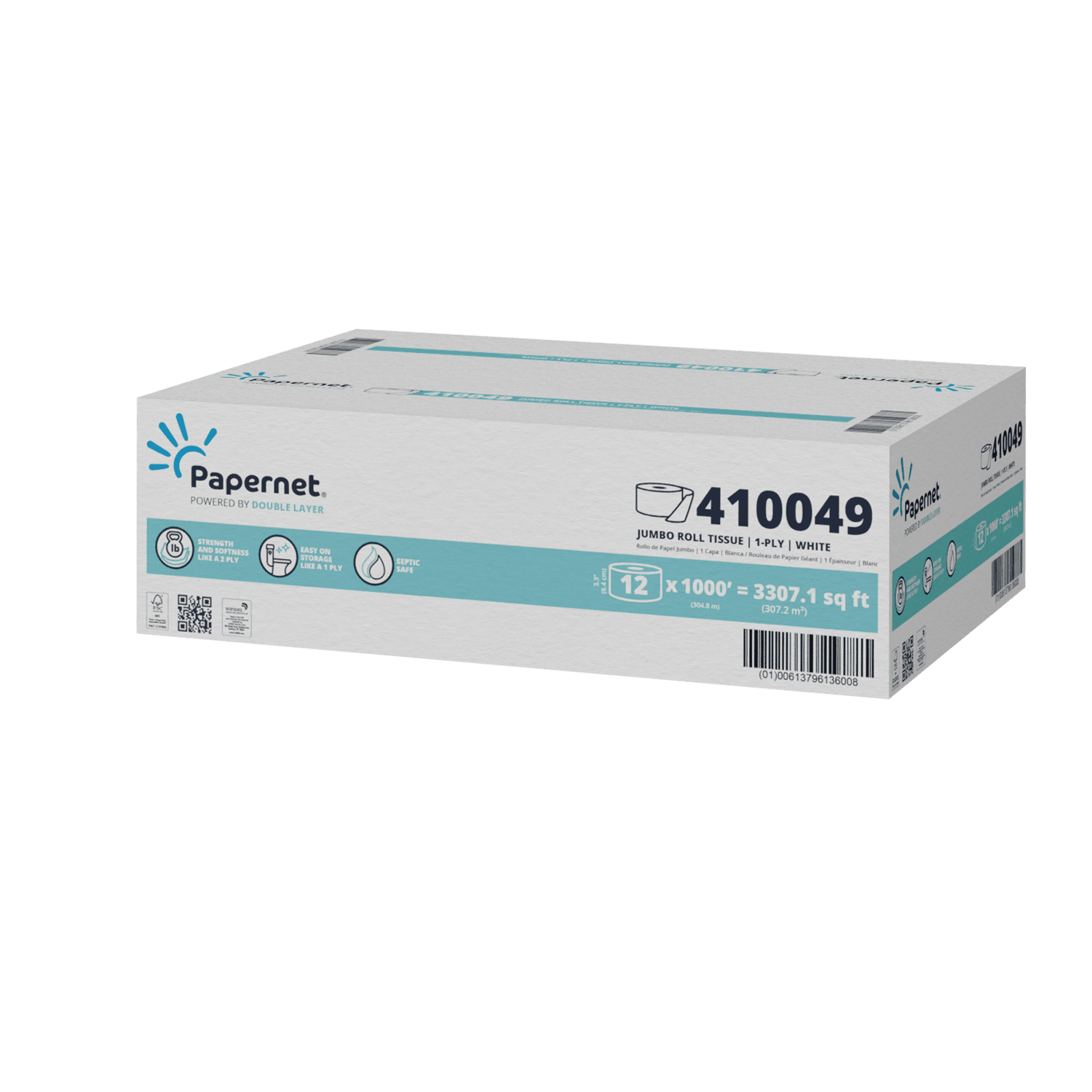 Papernet Double Layer Toilet Paper & Tissue Roll 1PLY White Embossed 8.98IN Roll 3.31IN Core Diameter 12 Rolls/Case