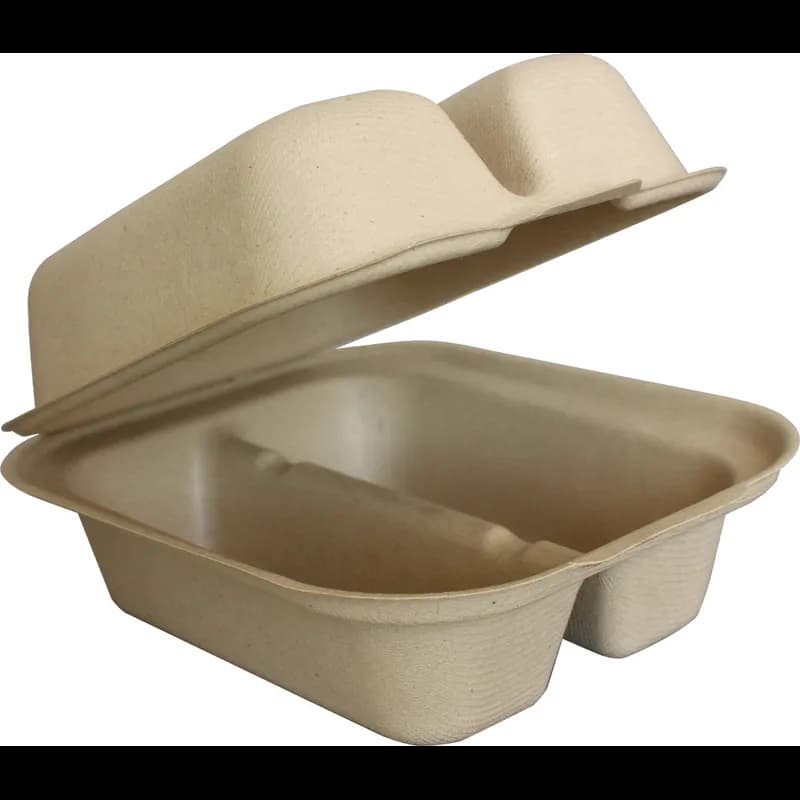 Taco Take-Out Tray Hinged With Dome Lid 7.25X5.86X3.38 IN 2 Compartment Pulp Fiber Kraft Rectangle 300/Case