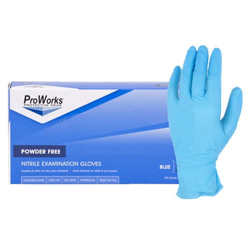 ProWorks® Exam Gloves Medium (MED) Blue 4MIL Nitrile Powder-Free Textured Fingertips Beaded Cuff 100 Ct/Box 10 Box/Case