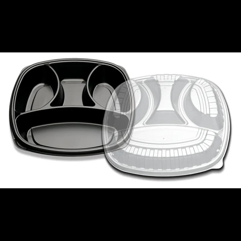 Forum® Take-Out Container Base & Lid Combo With Dome Lid 14X14 IN 4 Compartment PS Black Clear Square 25/Case