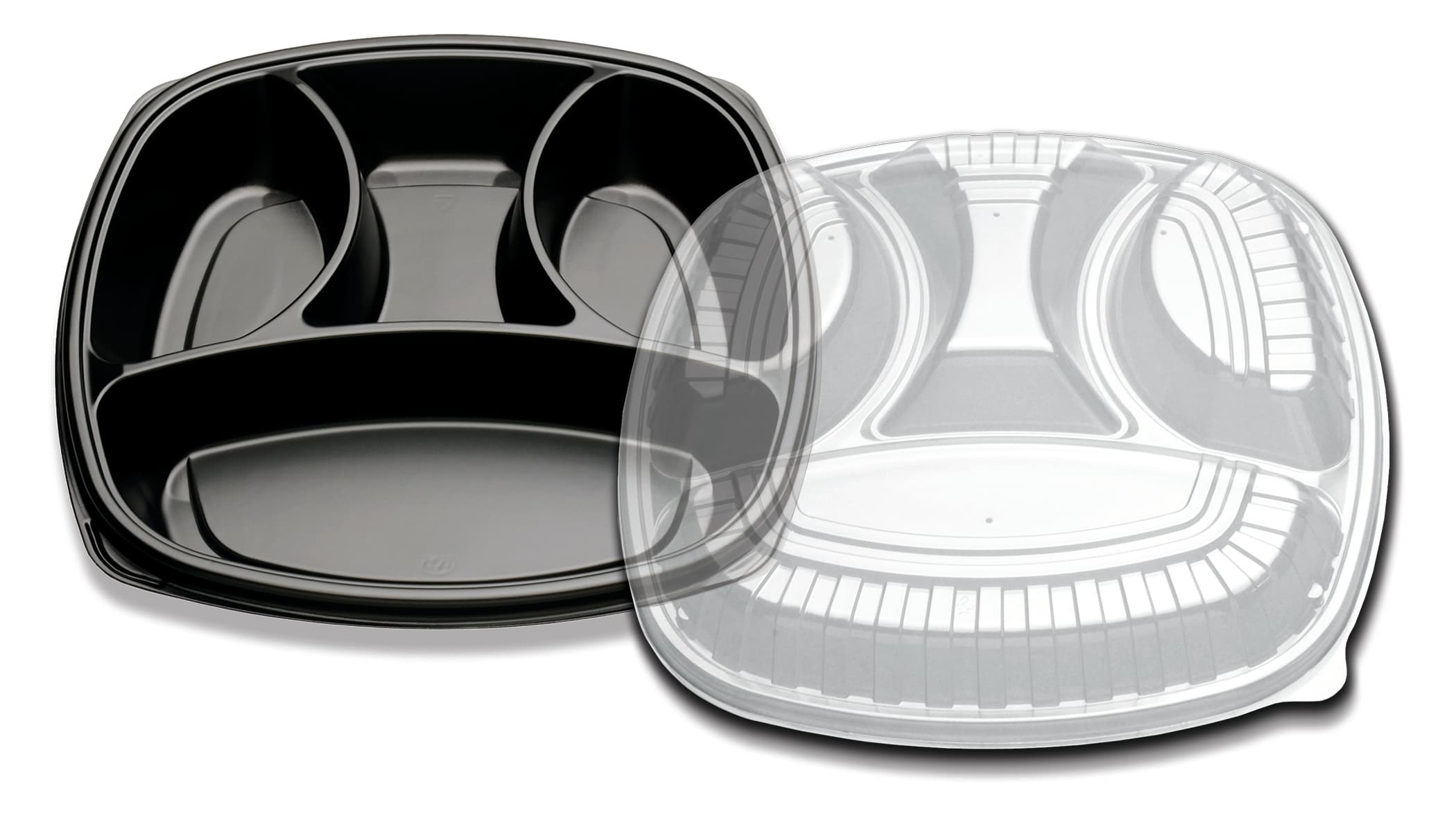 Forum® Take-Out Container Base & Lid Combo With Dome Lid 14X14 IN 4 Compartment PS Black Clear Square 25/Case