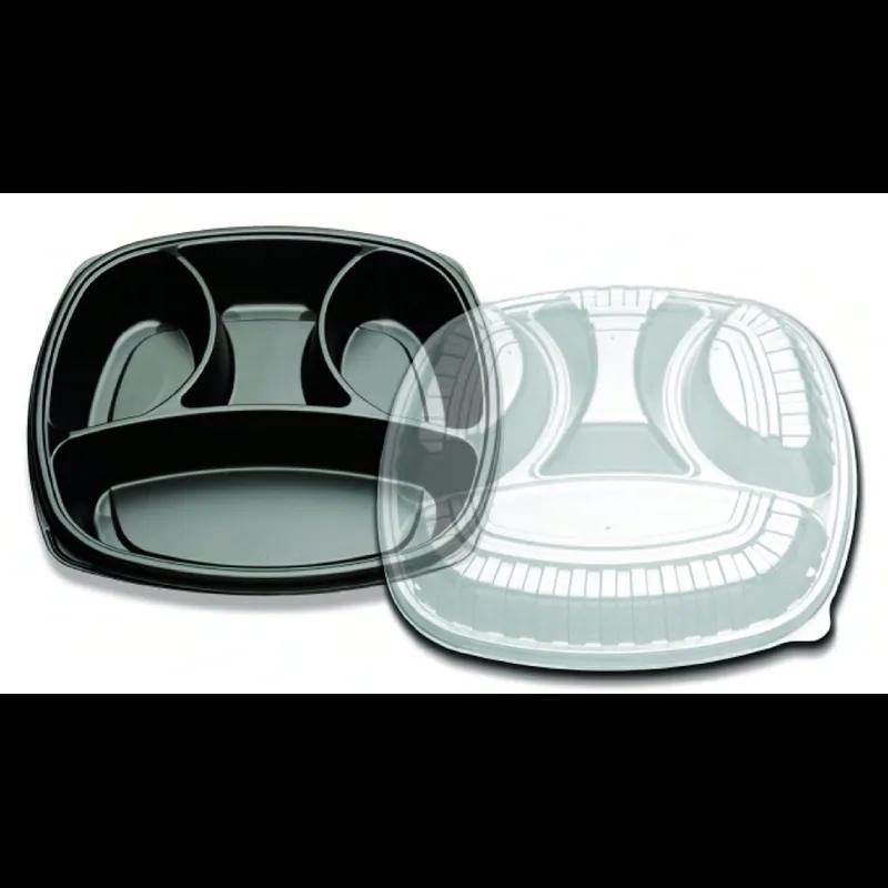 Forum® Take-Out Container Base & Lid Combo With Dome Lid 14X14 IN 4 Compartment PS Black Clear Square 25/Case