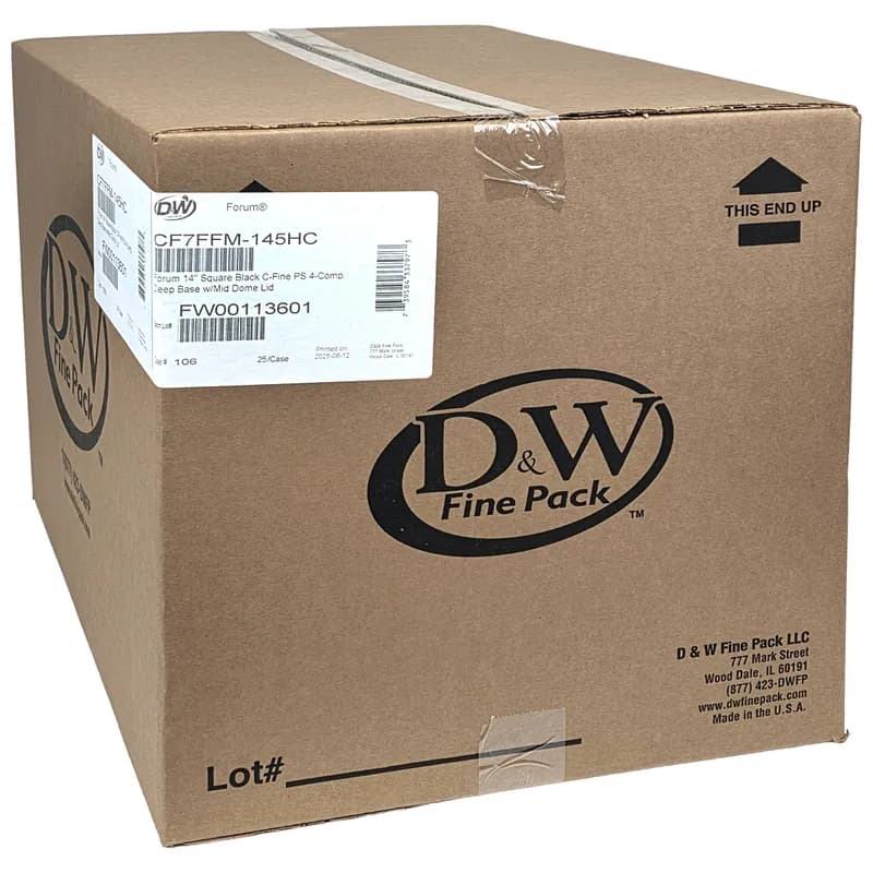 Forum® Take-Out Container Base & Lid Combo With Dome Lid 14X14 IN 4 Compartment PS Black Clear Square 25/Case