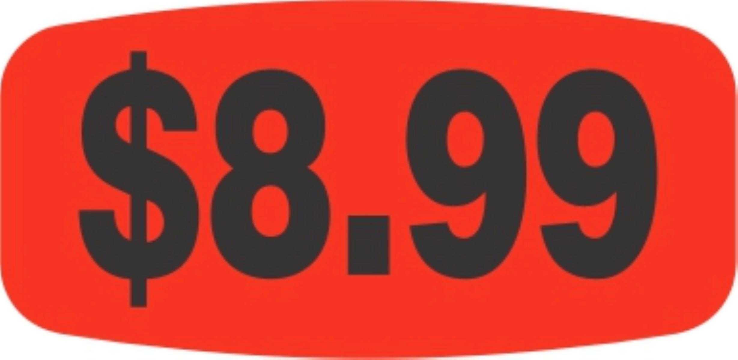 8.99 Price Label 0.625X1.25 IN Black Fluorescent Red Short Oval 1000 Count/Roll 50 Rolls/Case 50000 Count/Case