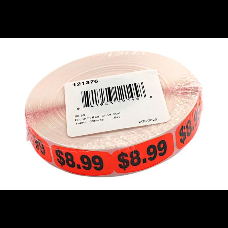 8.99 Price Label 0.625X1.25 IN Black Fluorescent Red Short Oval 1000 Count/Roll 50 Rolls/Case 50000 Count/Case