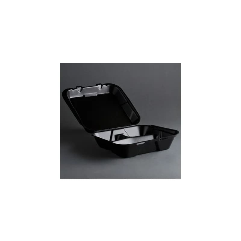 Regal Take-Out Container Hinged 9.5X9.25X3.75 IN 3 Compartment Polystyrene Foam Black Vented Grease Resistant 200/Case