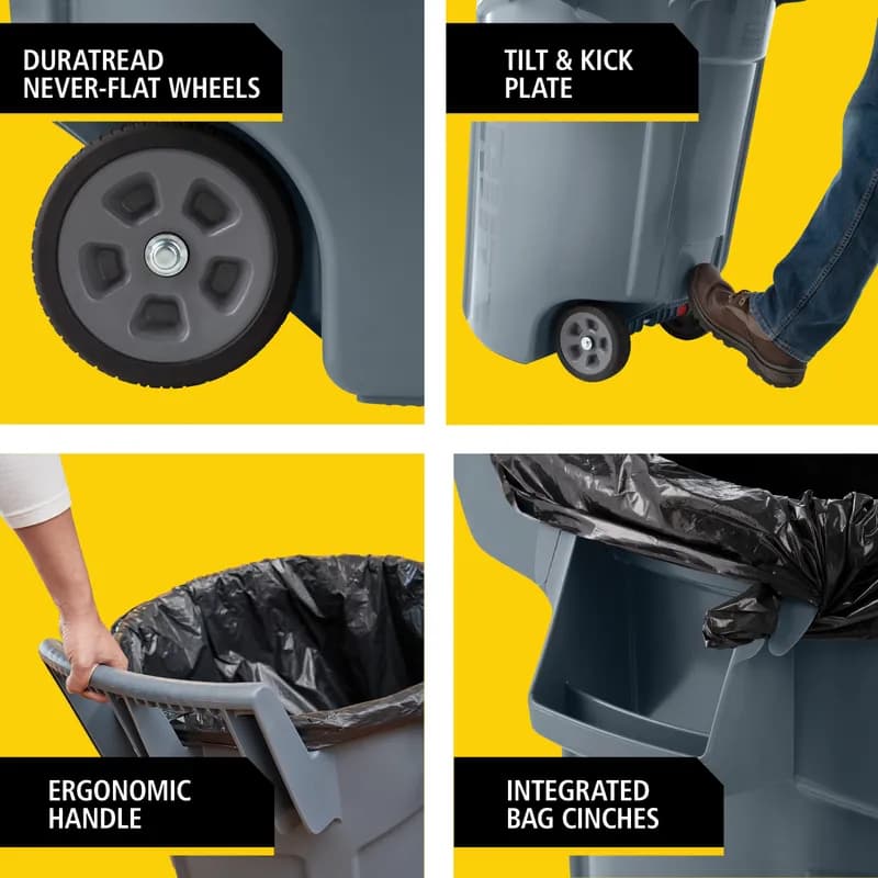 Brute® Trash 1-Stream Curbside Trash 28.36X27.57X35.75 IN 44 GAL 176 QT Gray Resin Venting Channels Food Safe Wheels 1/Each