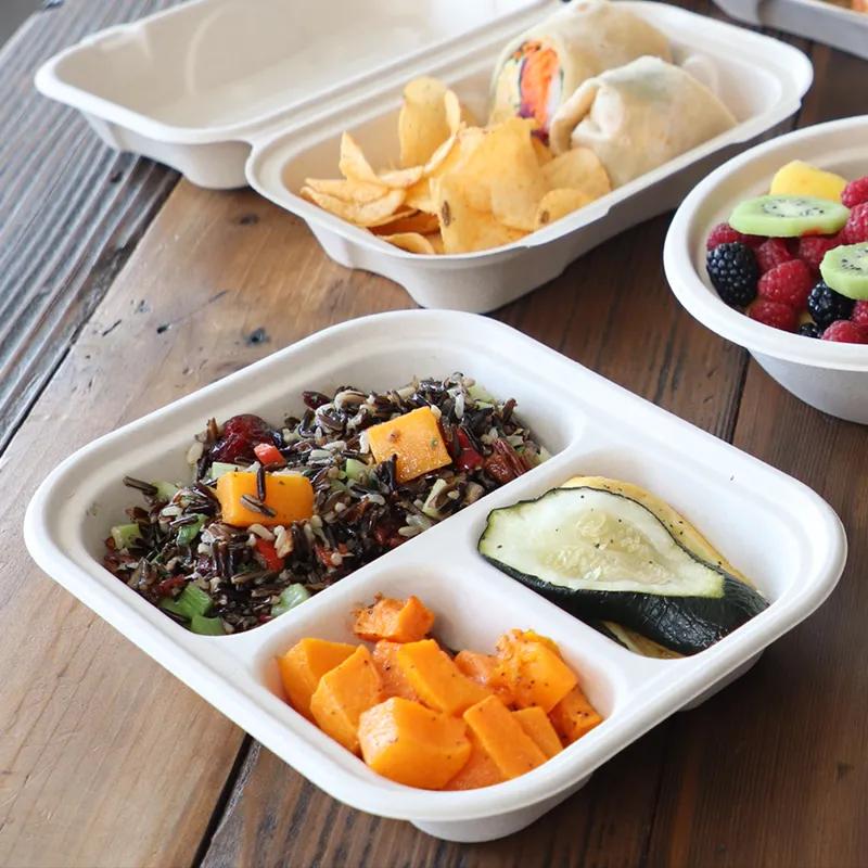 Take-Out Container Base 9.9X7.6X1.7 IN 3 Compartment Plant Fiber Bamboo Kraft Rectangle 400/Case