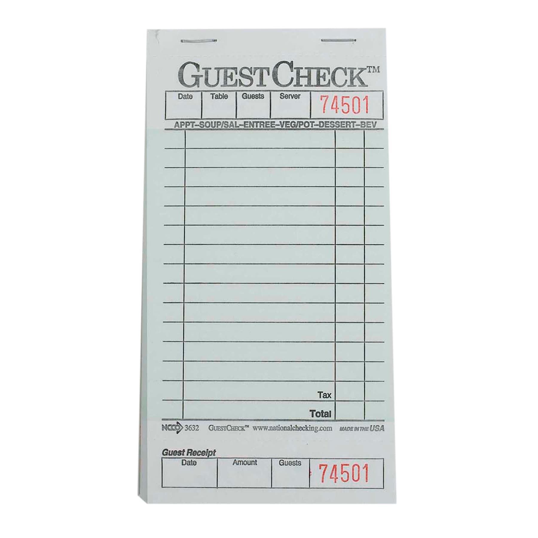 Guest Check 3.5X6.75 IN Cardboard Green 1-Part Medium Single Copy Paper 50 Sheets/Pack 50 Packs/Case 2500 Count/Case