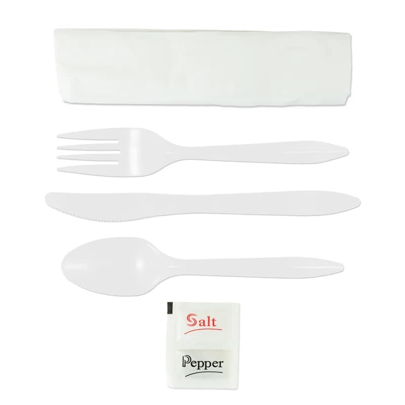 6PC Cutlery Kit PP White Medium Weight With 10X12 Napkin,Fork,Knife,Salt & Pepper,Teaspoon 250/Case