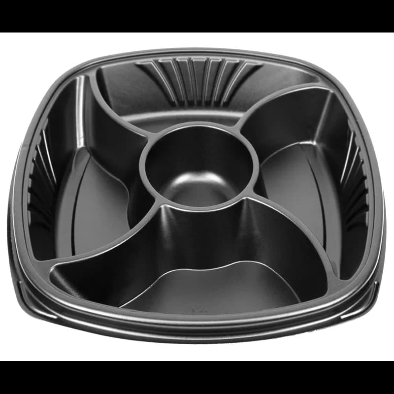 Forum® C-Fine Catering Tray Base 106 OZ 14X14 IN 4 Compartment PS Black Square Deep With Dip Cup 48/Case