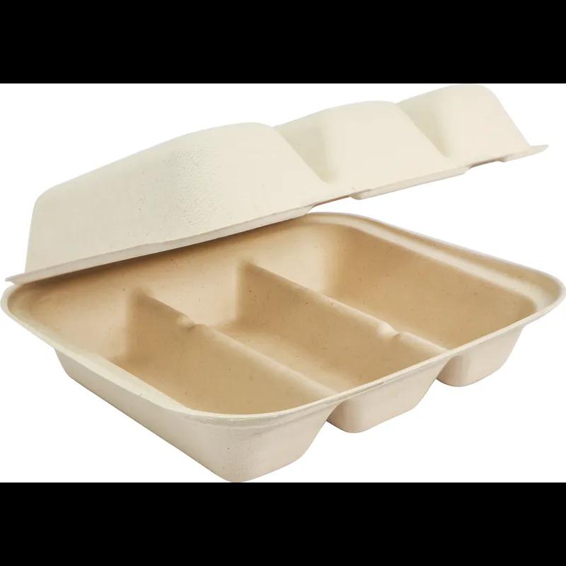 Taco Take-Out Tray Hinged With Dome Lid 9.2X7.9X3.2 IN 3 Compartment Pulp Fiber Kraft Rectangle 300/Case