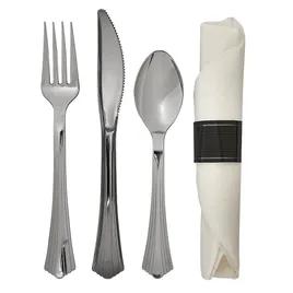 WNA Reflections® 4PC Cutlery Kit PS Silver Heavy Duty Pre-Rolled With White 17X17 Napkin,Fork,Knife,Teaspoon 120/Case
